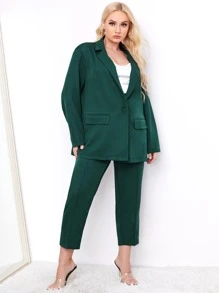 SHEIN Unity 大碼素色西裝領西裝外套和定制西褲 - 墨綠色 - 查看 3