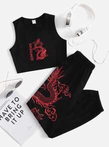 SHEIN Girls Dragon And Letter Graphic Tank Top & Joggers - Black - View 1