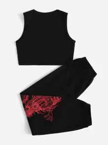 SHEIN Girls Dragon And Letter Graphic Tank Top & Joggers - Black - View 2