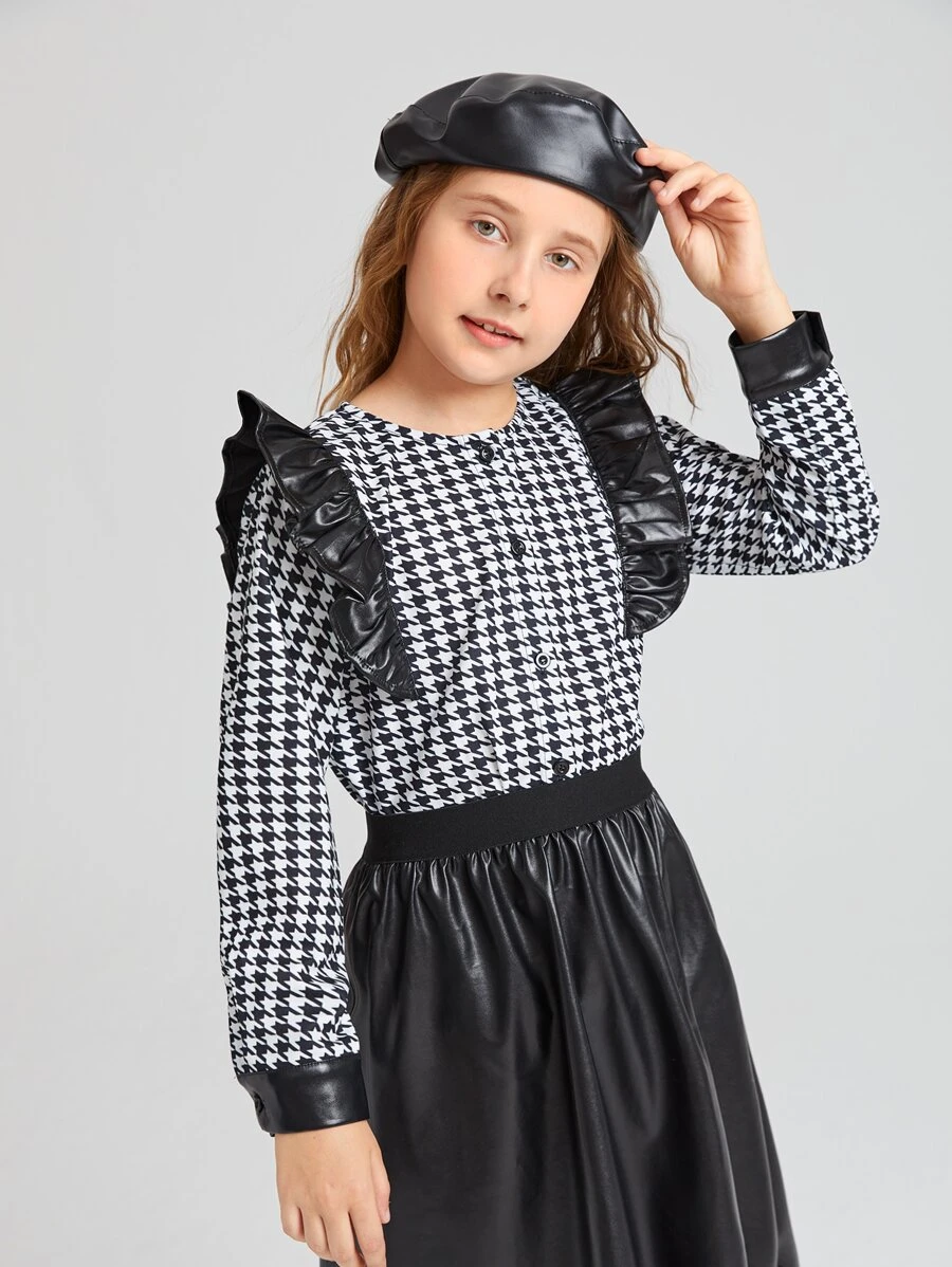 SHEIN Niñas Blusa con estampado de pata de gallo en contraste ribete con fruncido - Blanco y Negro - Ver 1