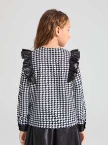 SHEIN Niñas Blusa con estampado de pata de gallo en contraste ribete con fruncido - Blanco y Negro - Ver 2