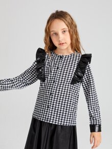 SHEIN Niñas Blusa con estampado de pata de gallo en contraste ribete con fruncido - Blanco y Negro - Ver 3