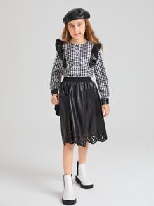 SHEIN Niñas Blusa con estampado de pata de gallo en contraste ribete con fruncido - Blanco y Negro - Ver 4