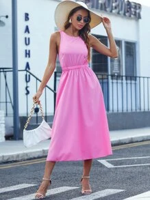 後鏤空彈性腰帶洋裝 - 玫紅色 - 查看 3