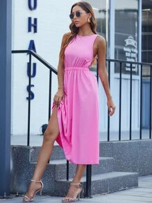 後鏤空彈性腰帶洋裝 - 玫紅色 - 查看 4