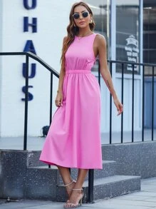 後鏤空彈性腰帶洋裝 - 玫紅色 - 查看 6