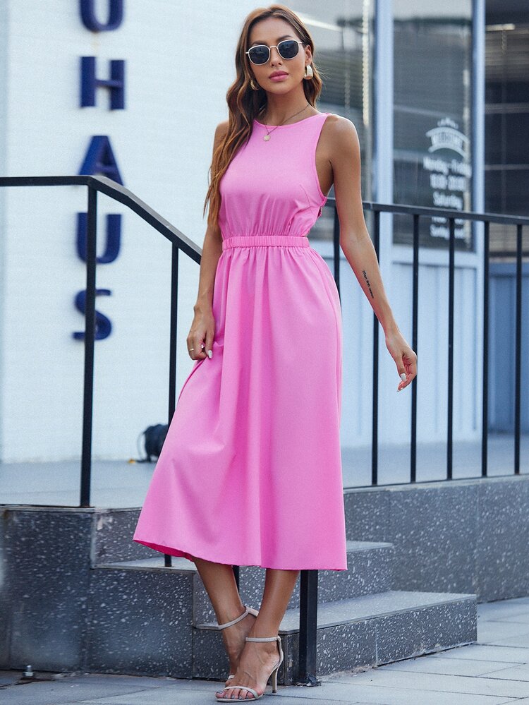 後鏤空彈性腰帶洋裝 - 玫紅色 - 查看 6