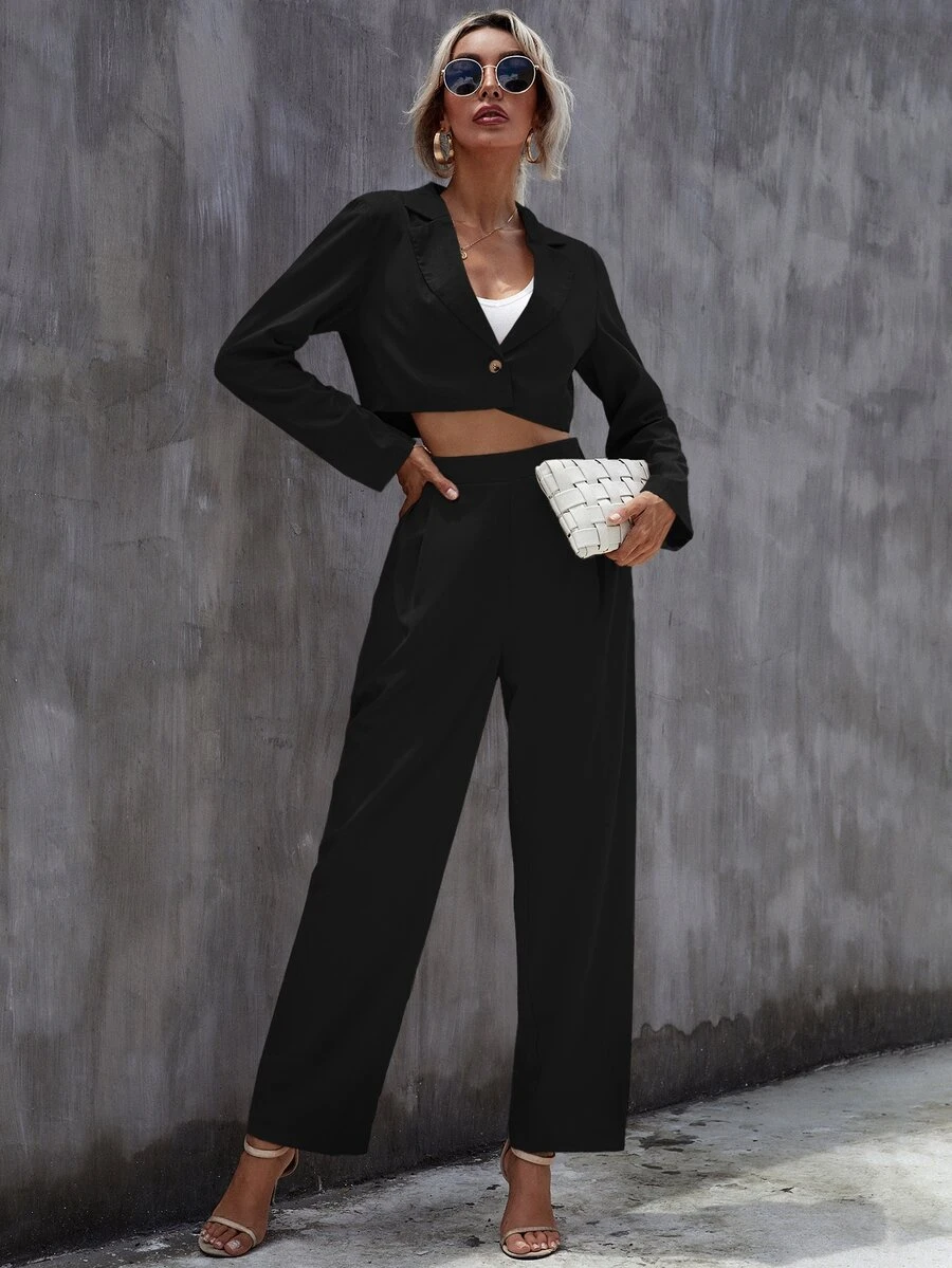 Bộ đồ hai mảnh nữ màu trơn Thanh lịch - màu đen - Xem 1