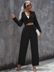 Bộ đồ hai mảnh nữ màu trơn Thanh lịch - màu đen - Xem 3