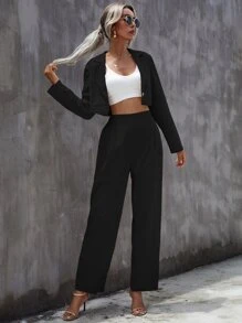 Bộ đồ hai mảnh nữ màu trơn Thanh lịch - màu đen - Xem 5