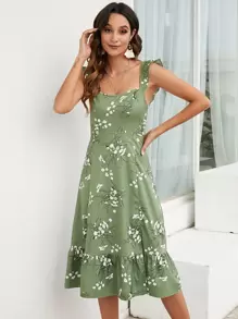 SHEIN VCAY Vestido con estampado floral ribete con fruncido de muslo con abertura - Verde militar - Ver 6