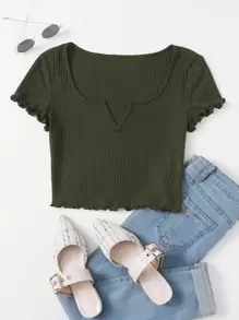 SHEIN EZwear Plus Notch Neck Lettuce Edge Tee - Army Green - View 1