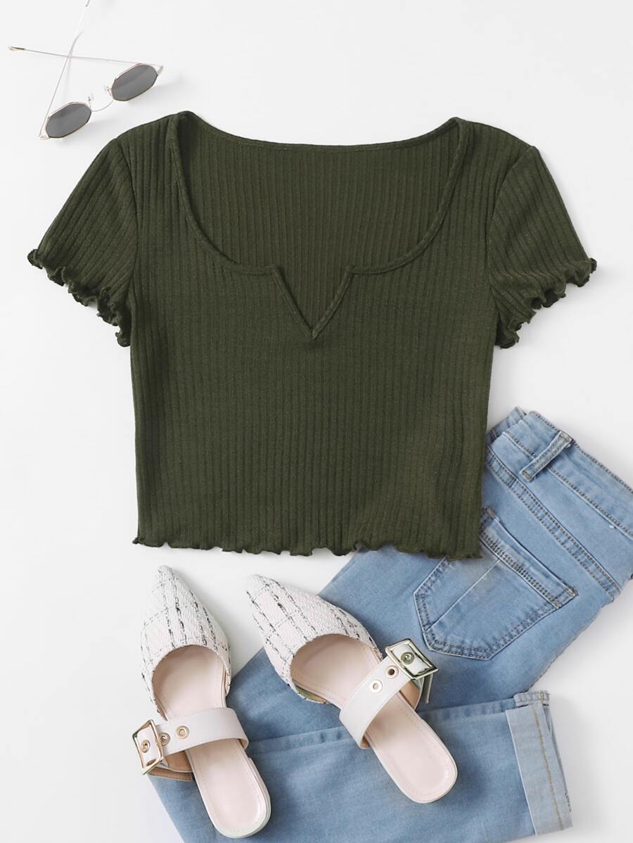 SHEIN EZwear Plus Notch Neck Lettuce Edge Tee - Army Green - View 1