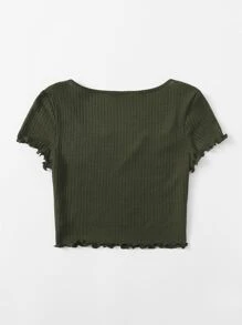 SHEIN EZwear Plus Notch Neck Lettuce Edge Tee - Army Green - View 2