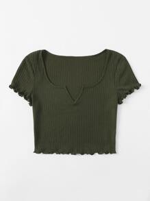 SHEIN EZwear Plus Notch Neck Lettuce Edge Tee - Army Green - View 5