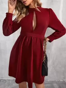 SHEIN 孕婦鎖眼領泡泡袖連衣裙 - 酒紅色 - 查看 1