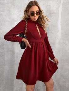 SHEIN 孕婦鎖眼領泡泡袖連衣裙 - 酒紅色 - 查看 3