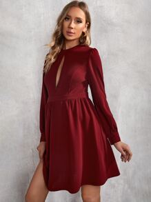 SHEIN 孕婦鎖眼領泡泡袖連衣裙 - 酒紅色 - 查看 4