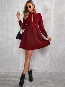 SHEIN 孕婦鎖眼領泡泡袖連衣裙 - 酒紅色 - 查看 5