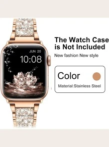 Correa de reloj compatible con Apple Watch con diseño de diamante de imitación de metal - Oro rosa - Ver 3