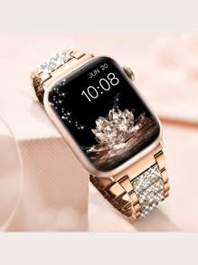 Correa de reloj compatible con Apple Watch con diseño de diamante de imitación de metal - Oro rosa - Ver 5