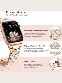 Correa de reloj compatible con Apple Watch con diseño de diamante de imitación de metal - Oro rosa - Ver 6