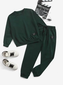 SHEIN Boys Patch Detail Sweatshirt & Drawstring Waist Sweatpants - Dark Green - View 1