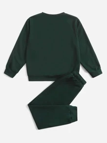 SHEIN Boys Patch Detail Sweatshirt & Drawstring Waist Sweatpants - Dark Green - View 2