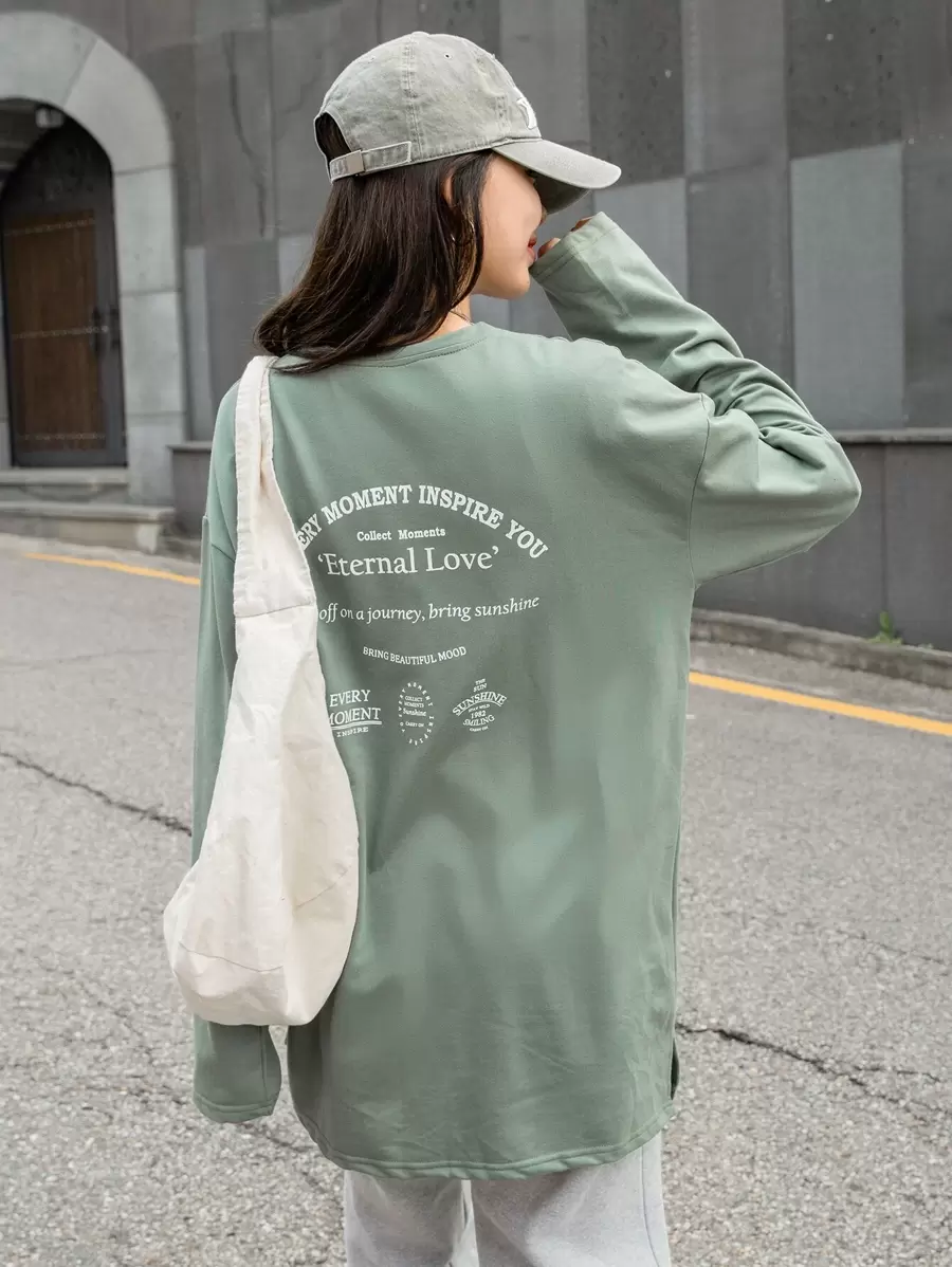 DAZY 标语图案落肩开衩 T 恤长袖女式上衣，秋季女装 - 薄荷綠 - 查看 1