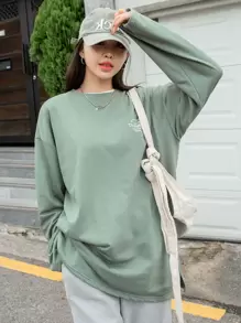 DAZY 标语图案落肩开衩 T 恤长袖女式上衣，秋季女装 - 薄荷綠 - 查看 6