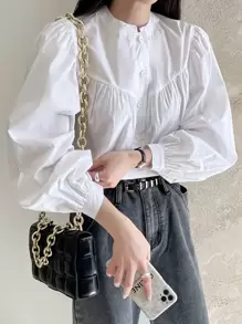 DAZY 主教袖釦前襯衫 - 白色 - 查看 1