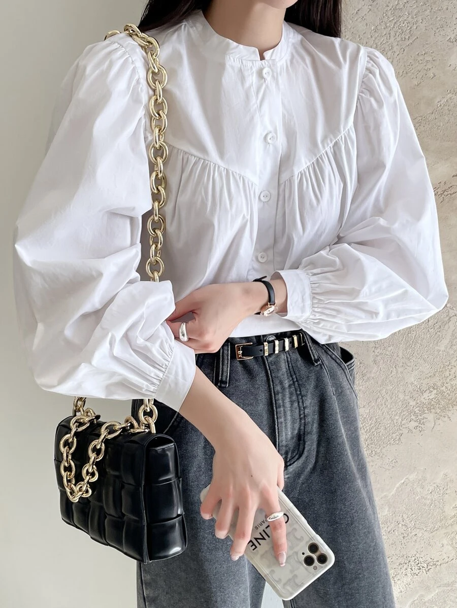 DAZY 主教袖釦前襯衫 - 白色 - 查看 1