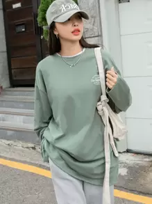 DAZY 标语图案落肩开衩 T 恤长袖女式上衣，秋季女装 - 薄荷綠 - 查看 2