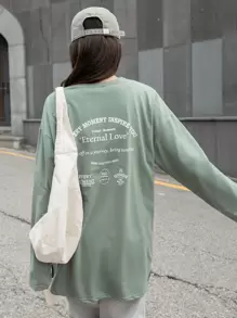 DAZY 标语图案落肩开衩 T 恤长袖女式上衣，秋季女装 - 薄荷綠 - 查看 4