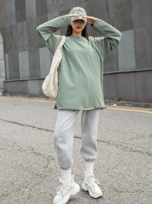 DAZY 标语图案落肩开衩 T 恤长袖女式上衣，秋季女装 - 薄荷綠 - 查看 5