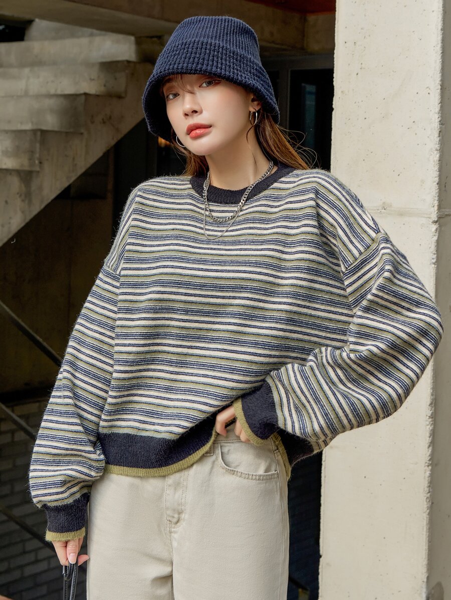 DAZY Striped Pattern Drop Shoulder Sweater - Multicolor - View 1