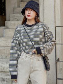 DAZY Striped Pattern Drop Shoulder Sweater - Multicolor - View 3