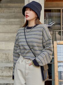 DAZY Striped Pattern Drop Shoulder Sweater - Multicolor - View 4