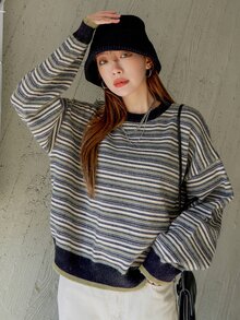 DAZY Striped Pattern Drop Shoulder Sweater - Multicolor - View 5