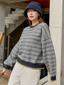 DAZY Striped Pattern Drop Shoulder Sweater - Multicolor - View 6