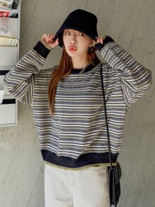 DAZY Striped Pattern Drop Shoulder Sweater - Multicolor - View 7