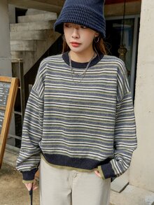 DAZY Striped Pattern Drop Shoulder Sweater - Multicolor - View 8
