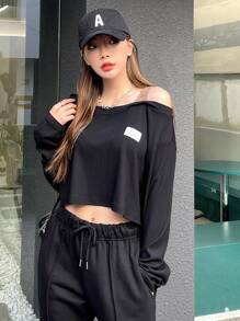 DAZY Letter Patched Detail Lace Insert Cold Shoulder Tee - Black - View 1