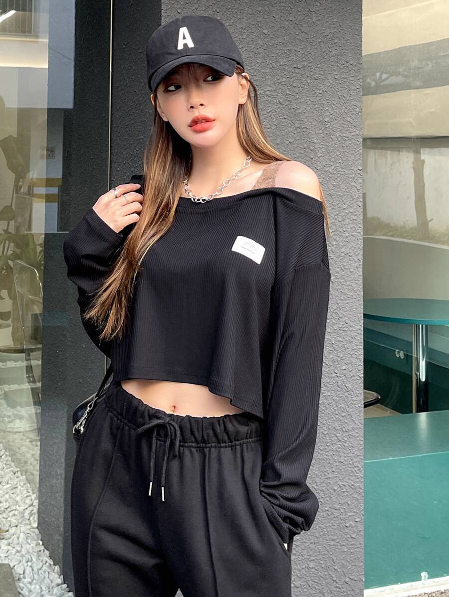 DAZY Letter Patched Detail Lace Insert Cold Shoulder Tee - Black - View 1