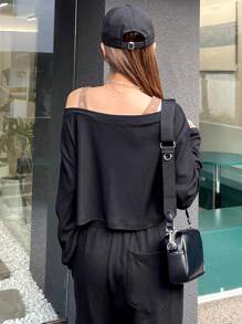 DAZY Letter Patched Detail Lace Insert Cold Shoulder Tee - Black - View 2