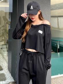 DAZY Letter Patched Detail Lace Insert Cold Shoulder Tee - Black - View 3