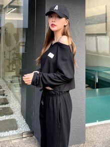 DAZY Letter Patched Detail Lace Insert Cold Shoulder Tee - Black - View 4