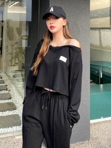 DAZY Letter Patched Detail Lace Insert Cold Shoulder Tee - Black - View 5