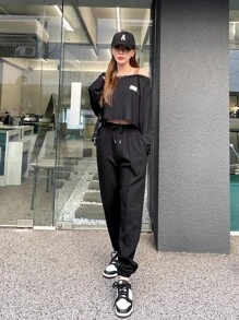 DAZY Letter Patched Detail Lace Insert Cold Shoulder Tee - Black - View 6