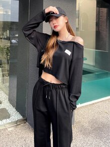 DAZY Letter Patched Detail Lace Insert Cold Shoulder Tee - Black - View 8